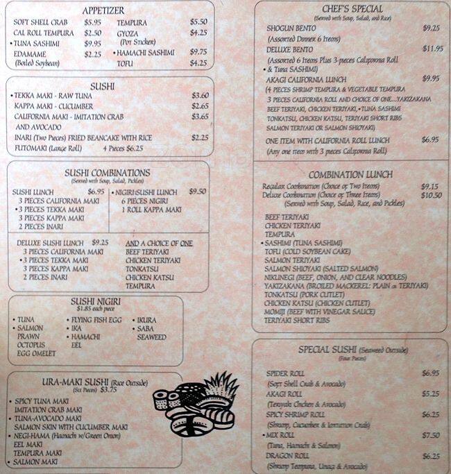 Menu at Akagi Restaurant, San Bruno
