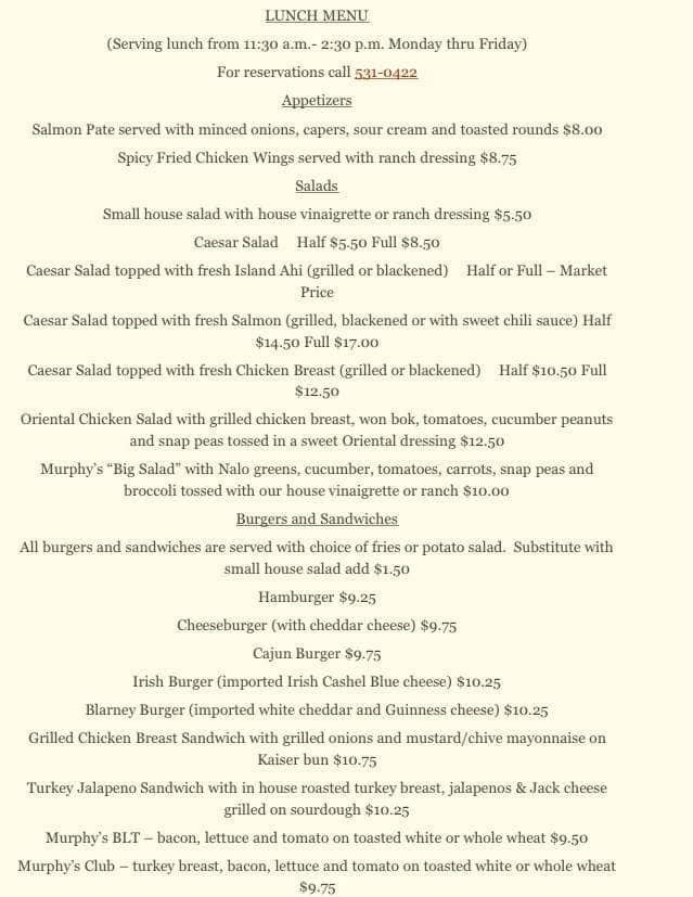 Menu at Murphy’s Bar and Grill, Honolulu