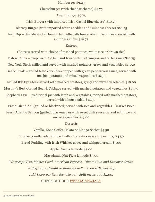 Menu at Murphy’s Bar and Grill, Honolulu