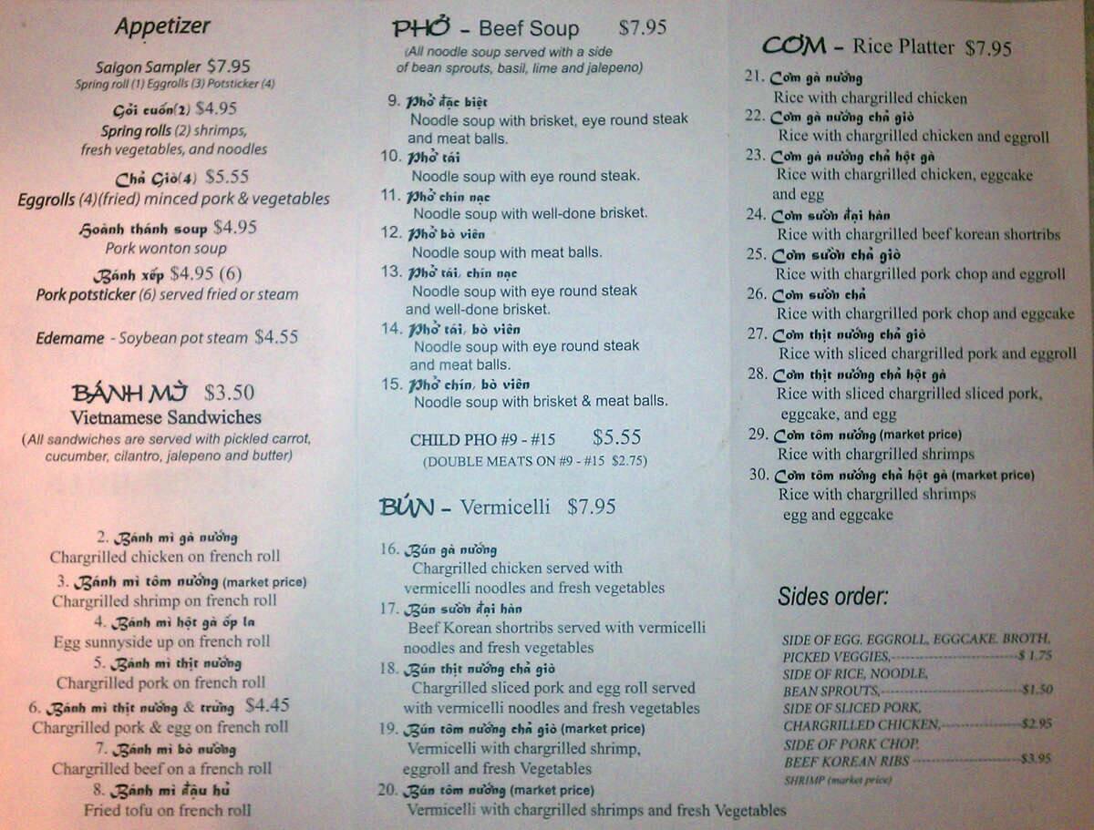 Carta de Saigon Cafe, Corpus Christi