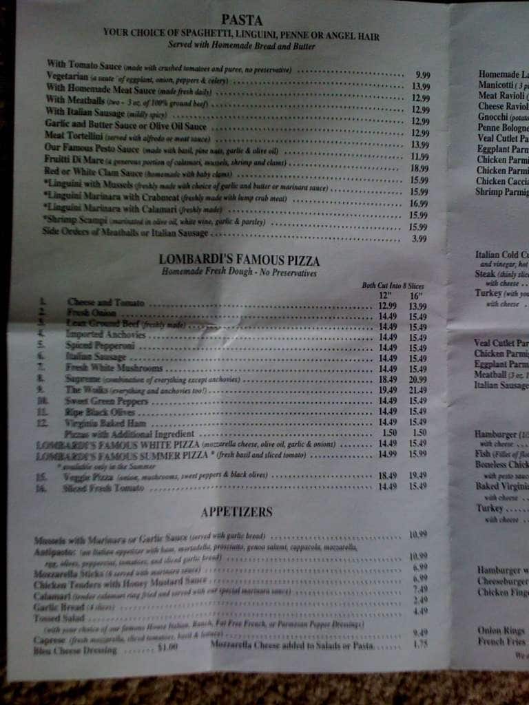 Menu at Trattoria Lombardi's Restaurant, Ocean City