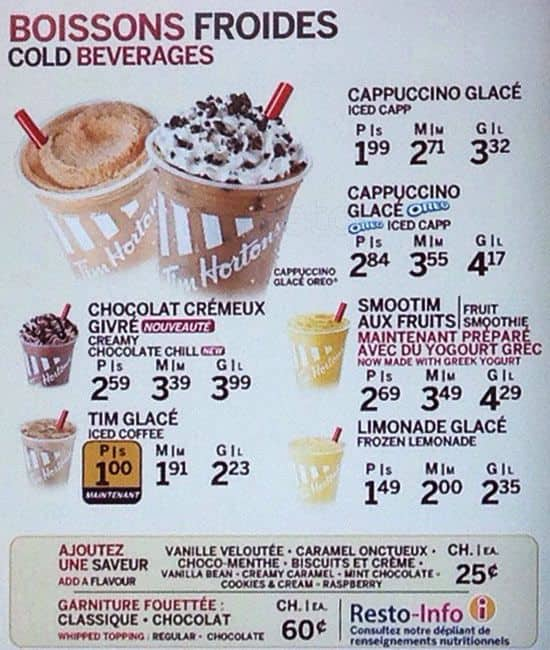 Menu at Tim Hortons cafe, Gatineau, Chemin de Masson