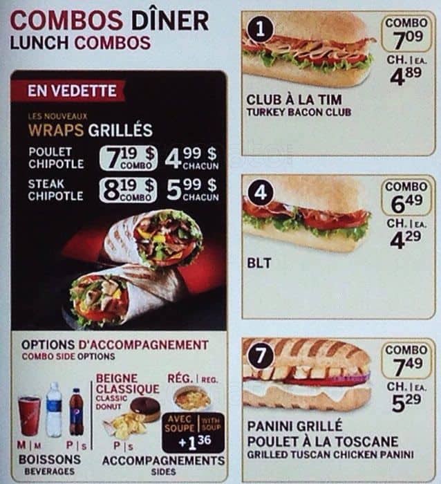 Menu at Tim Hortons cafe, Gatineau, 740 Montée Paiement