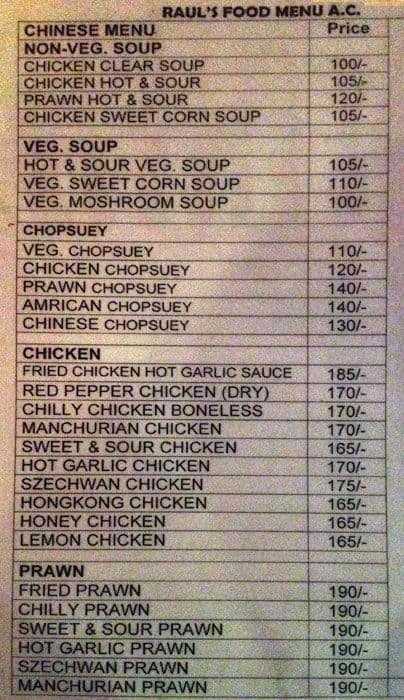 Raul's Restaurant menu