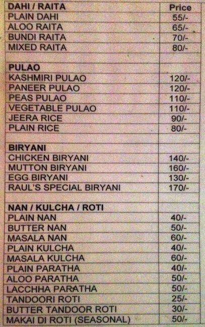 Raul's Restaurant menu