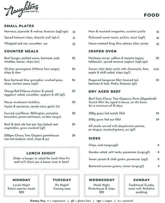 Menu at Naughtons Hotel pub & bar, Parkville, 43 Royal Parade