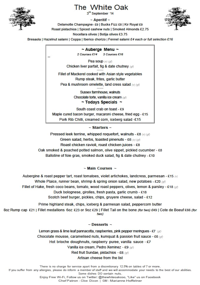 Menu at White Oak pub & bar, Cookham