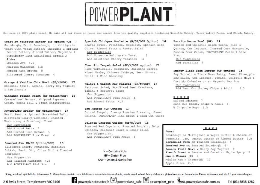 Menu at Power Plant cafe, Templestowe