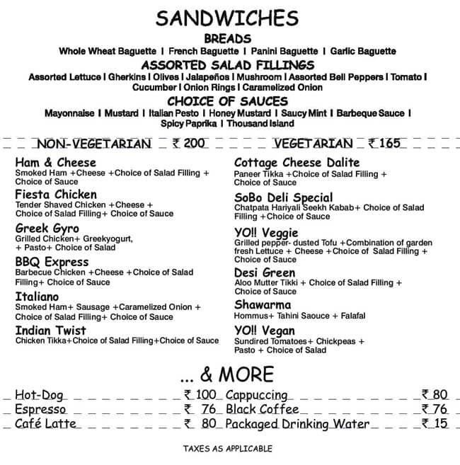 Menu of Yo Deli The Shalimar Hotel, Kemps Corner, Mumbai