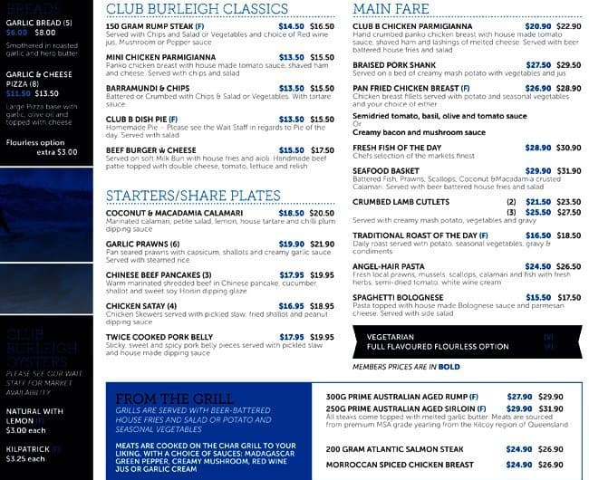 Club Burleigh Menu, Menu for Club Burleigh, Burleigh Heads, Gold Coast
