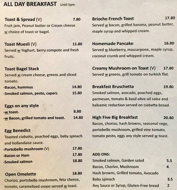 High Five Cafe Bar Menu Menu For High Five Cafe Bar High Street Auckland