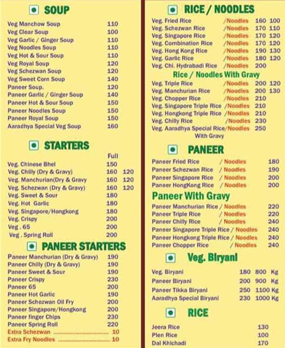 Aaradhya Chinese Corner menu