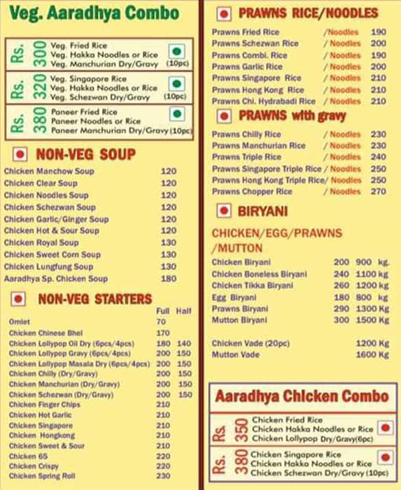 Aaradhya Chinese Corner menu