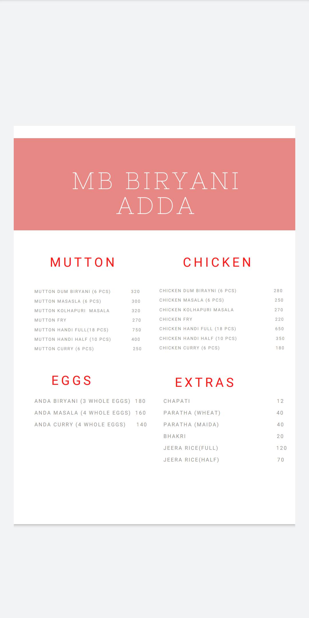 Menu Of MB Biryani Adda, Sinhgad Road, Pune