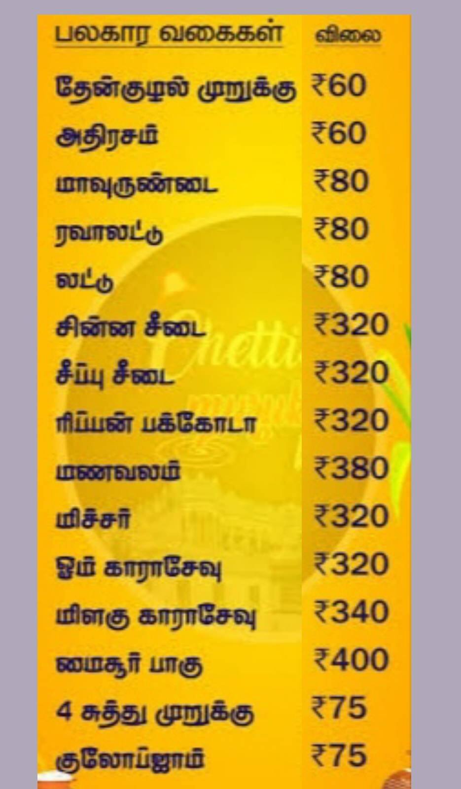 Menu of Kumaran Snacks, Madipakkam, Chennai