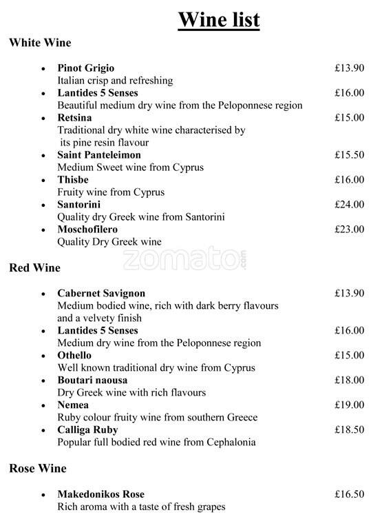 Alexandros Greek Restaurant menu