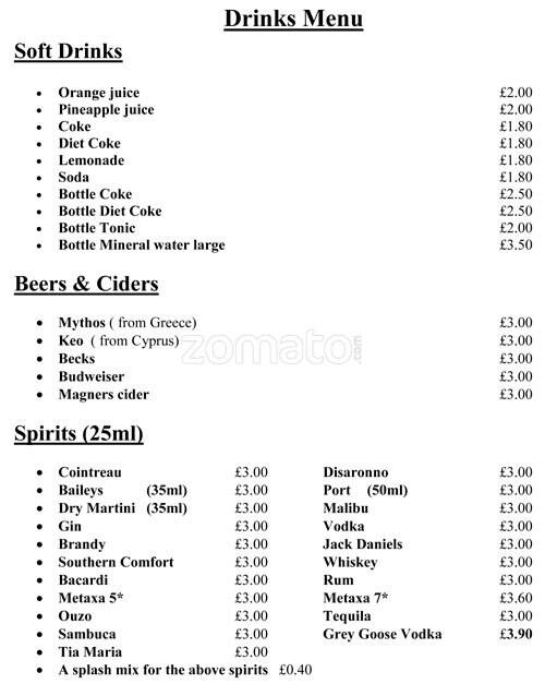 Alexandros Greek Restaurant menu
