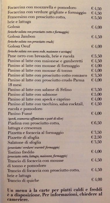 Menu di Pasticceria Cucchi 