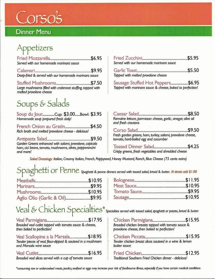 Menu at Corso's Italian Restaurant, North Olmsted