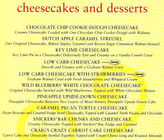 Menu at The Cheesecake Factory desserts, Charlotte