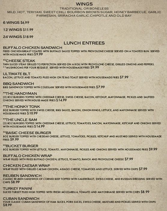 Menu at Buckets Bar And Grill, Chesapeake