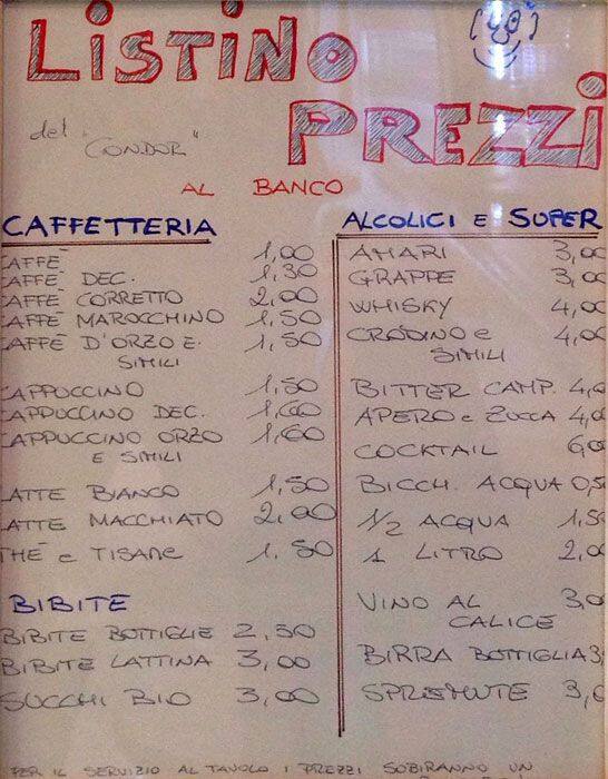 Menu di Bar Condor 