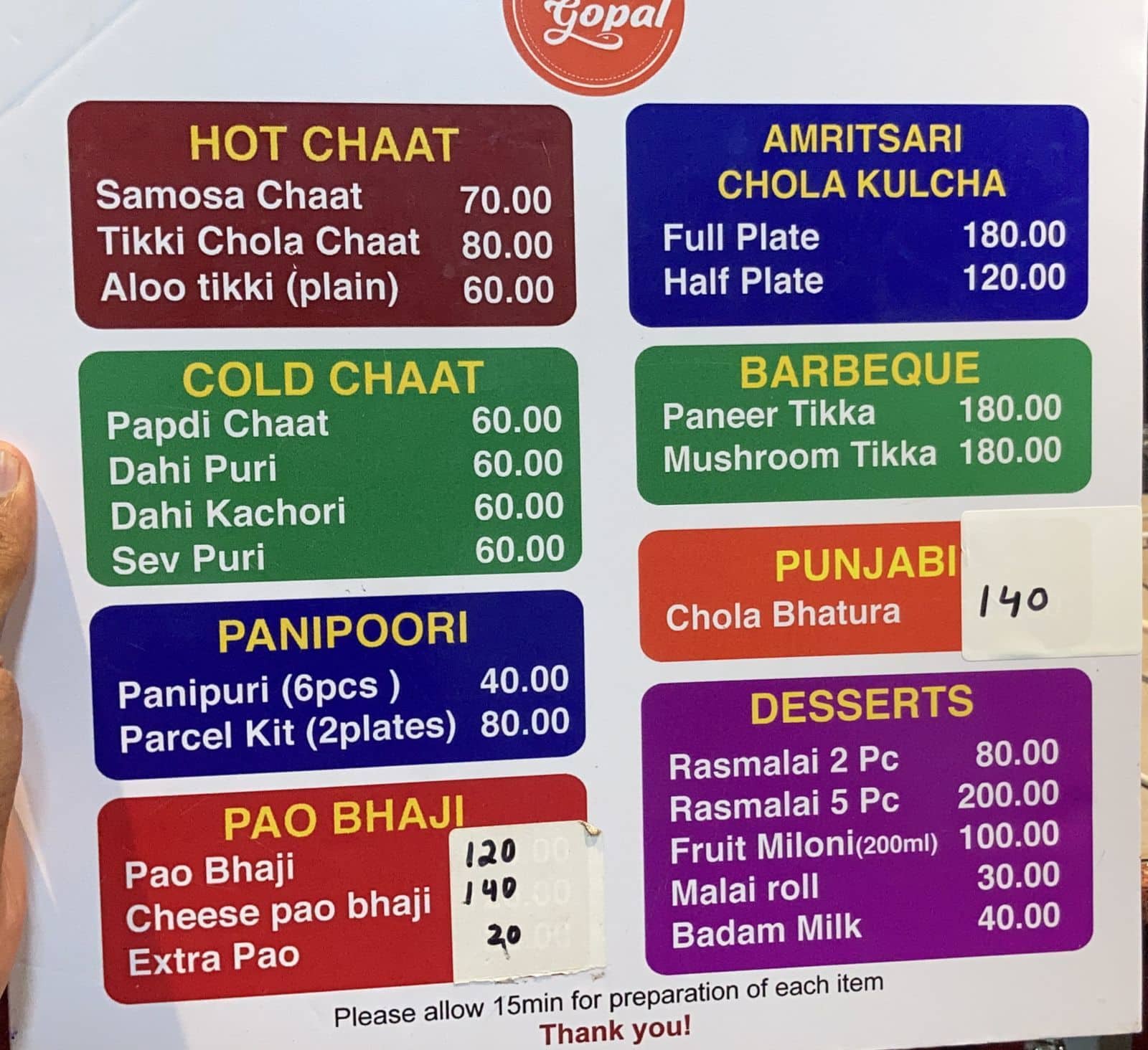 Menu at Laddu Gopal, Visakhapatnam, D. 8323/3