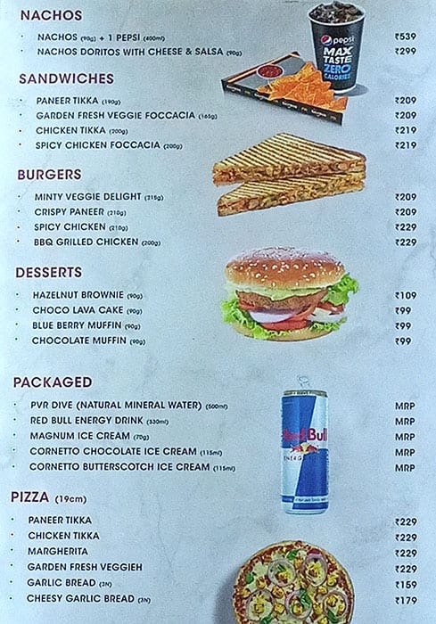 PVR Café menu