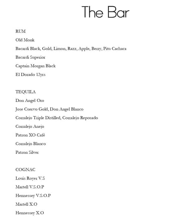 Grand Hyatt Mumbai menu