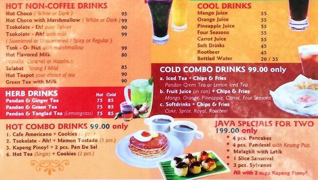 Menu at Java Jazz cafe, Tagaytay
