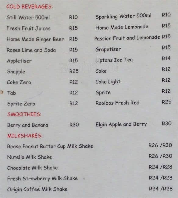 Menu at Taste cafe, Stellenbosch