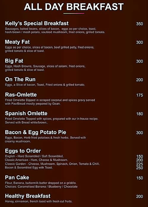 Menu of Kelly's Cafe & All Day Dining, Viman Nagar, Pune