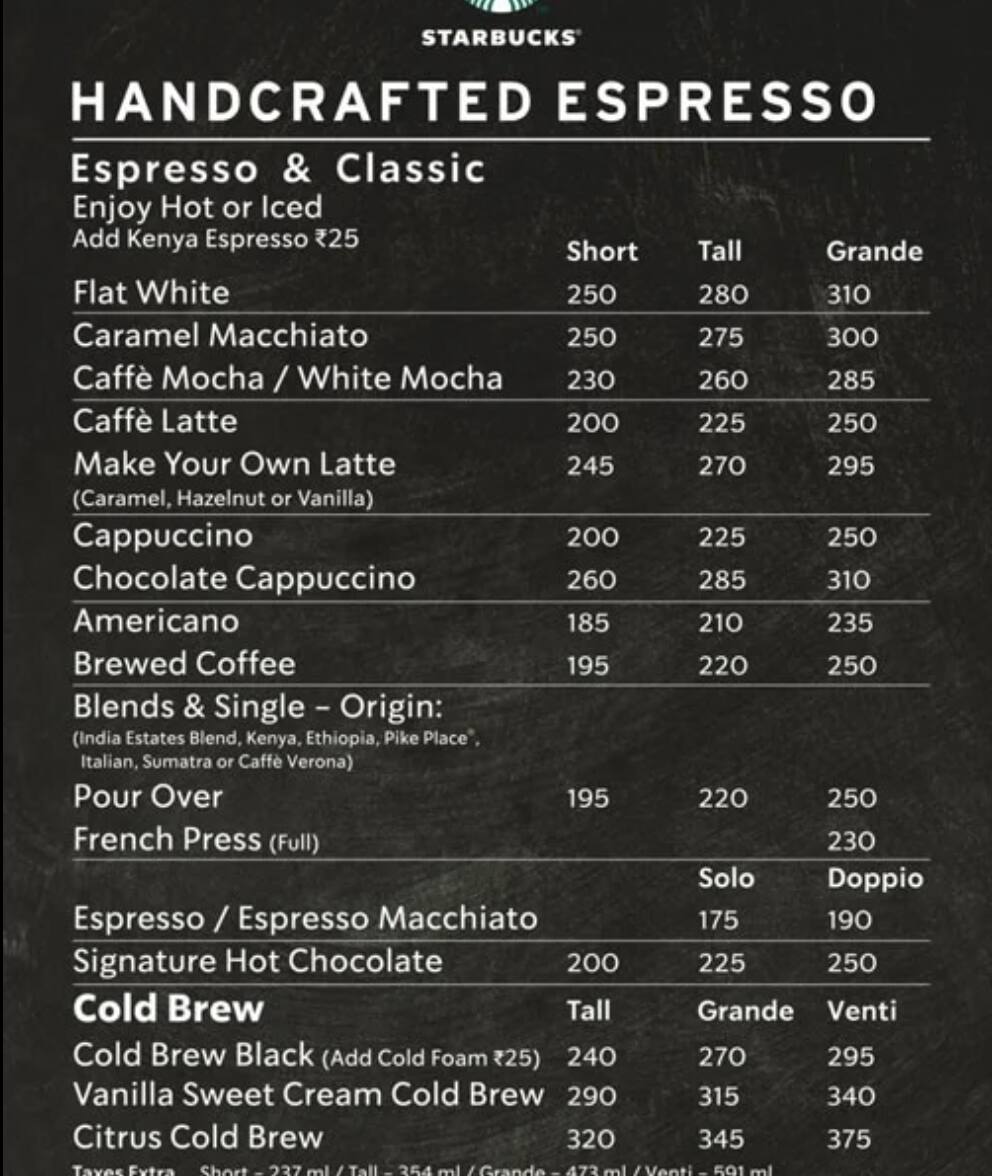 Starbuck coffee menu discount