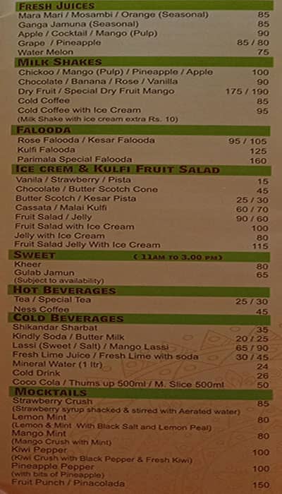 Hotel Parimala menu