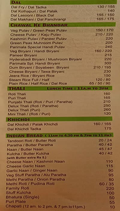 Hotel Parimala menu