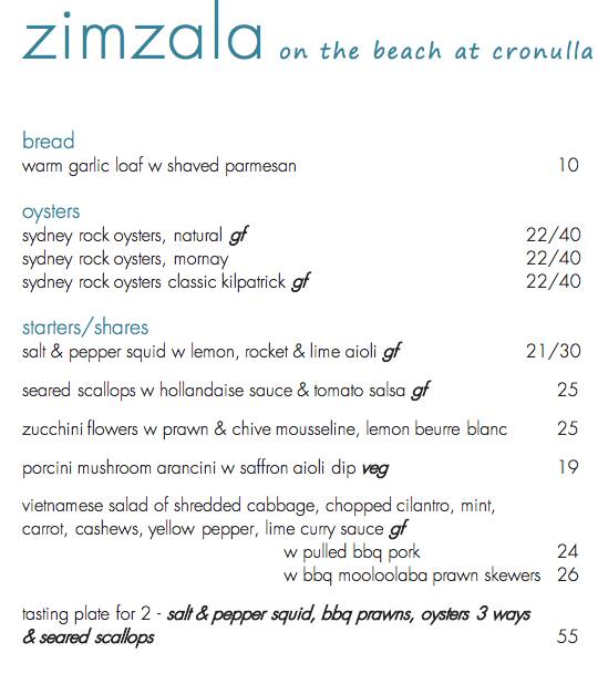 Menu at Zimzala Cronulla restaurant, Cronulla