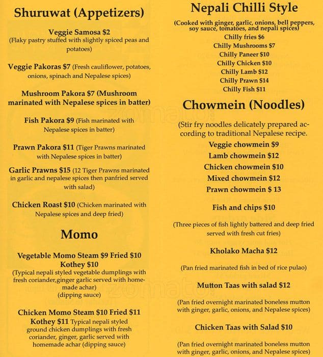 Menu au Spice Of Nepal restaurant, Surrey