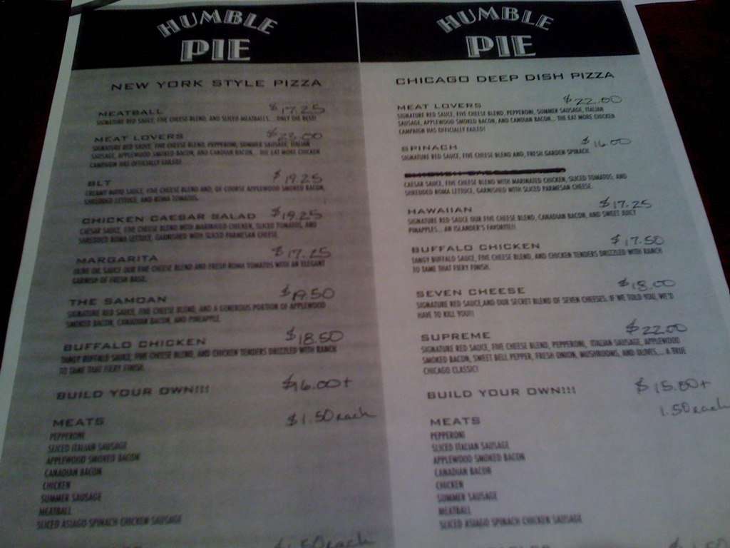 Humble Pie Pizzeria Menu, Menu for Humble Pie Pizzeria, Original Edmond