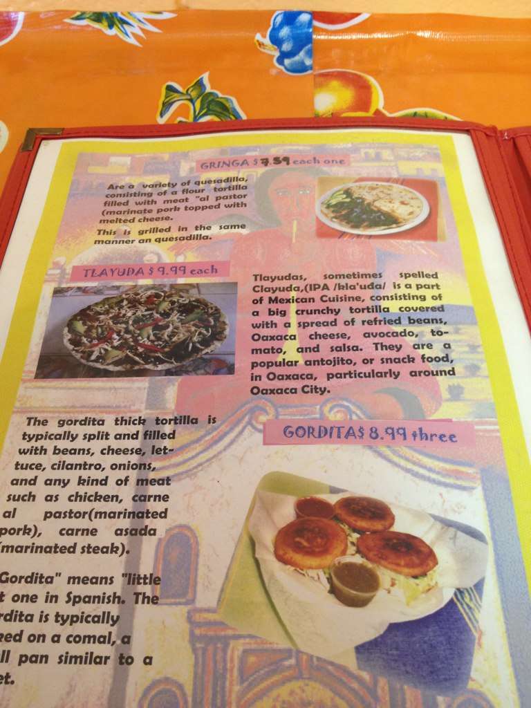 Menu at Oaxaca Flavor Tacos restaurant, Lillington