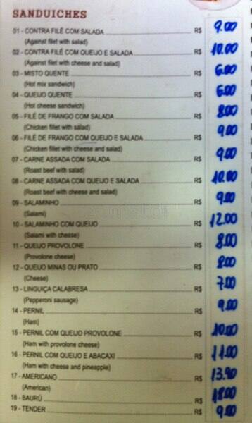 Bar Bunda de Fora cardápio