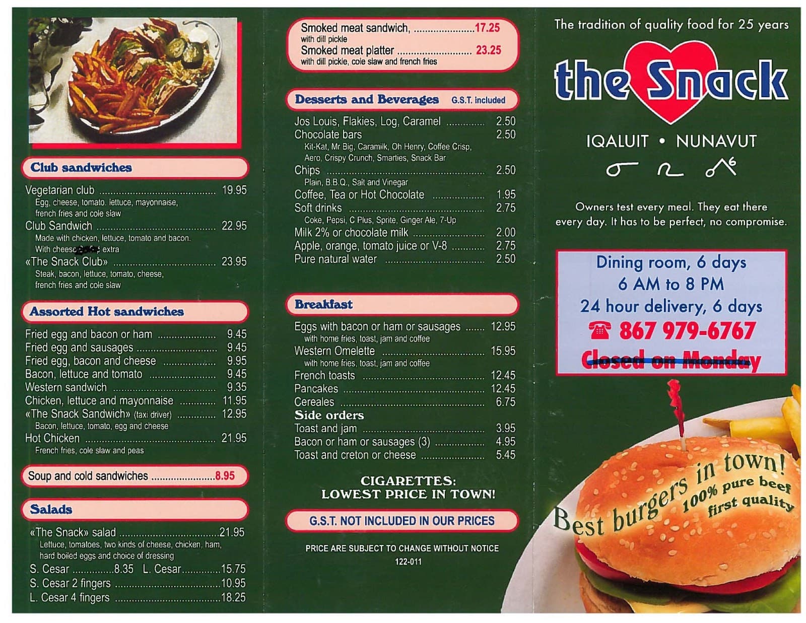 Menu at The Snack restaurant, Iqaluit, 163 Ring Road