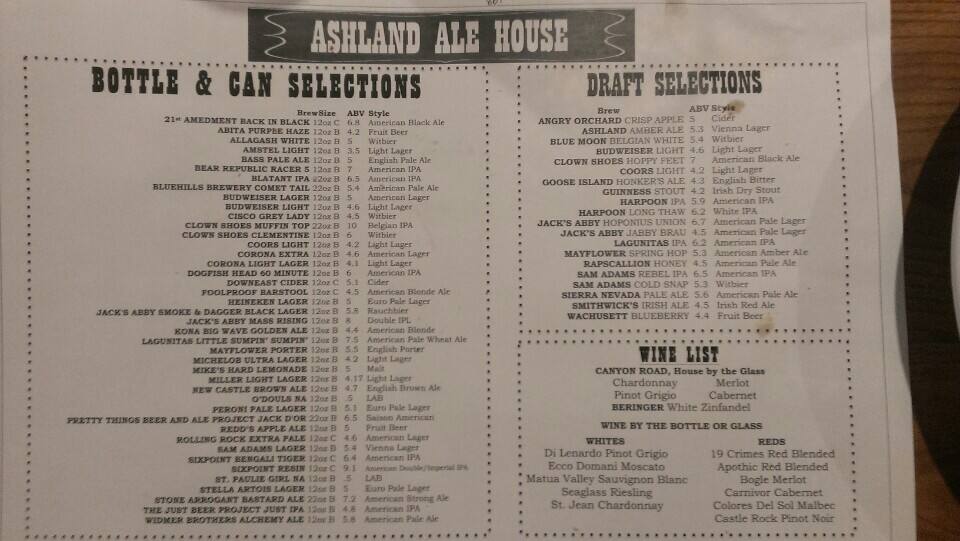Ashland Ale House Menu, Menu for Ashland Ale House, Ashland, Boston