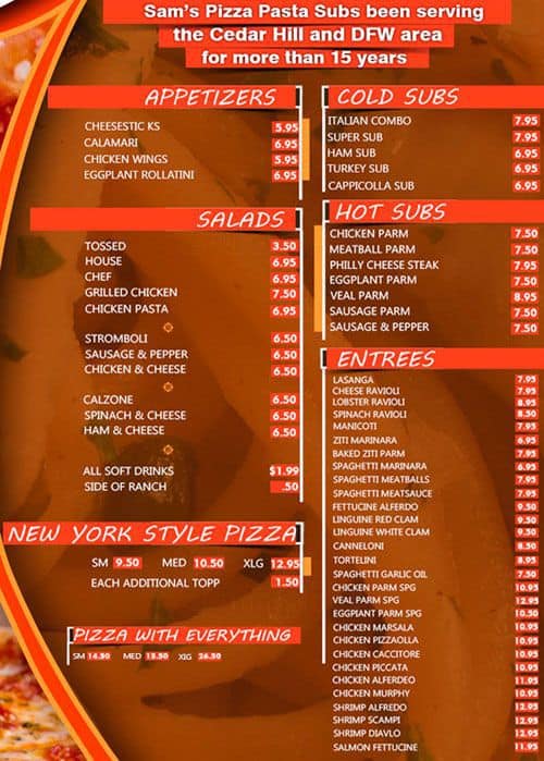 Sam's Pizza Menu, Menu for Sam's Pizza, Cedar Hill, Cedar Hill