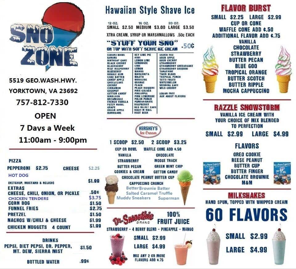 Snozone Menu, Menu for Snozone, York / Poquoson, Hampton Roads