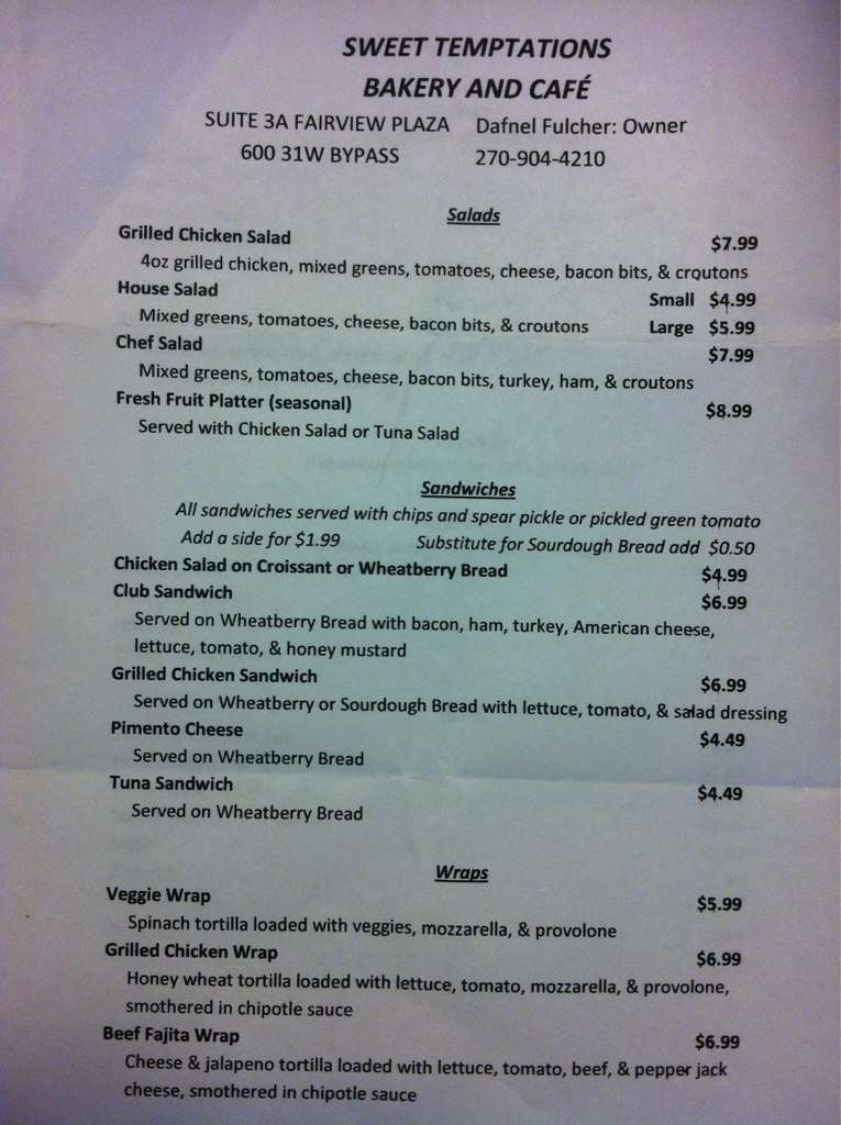 Sweet Temptations Bakery and Cafe Menu Urbanspoon/Zomato