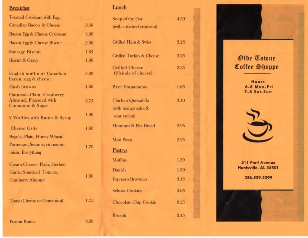 Olde Towne Coffee Shoppe menu.