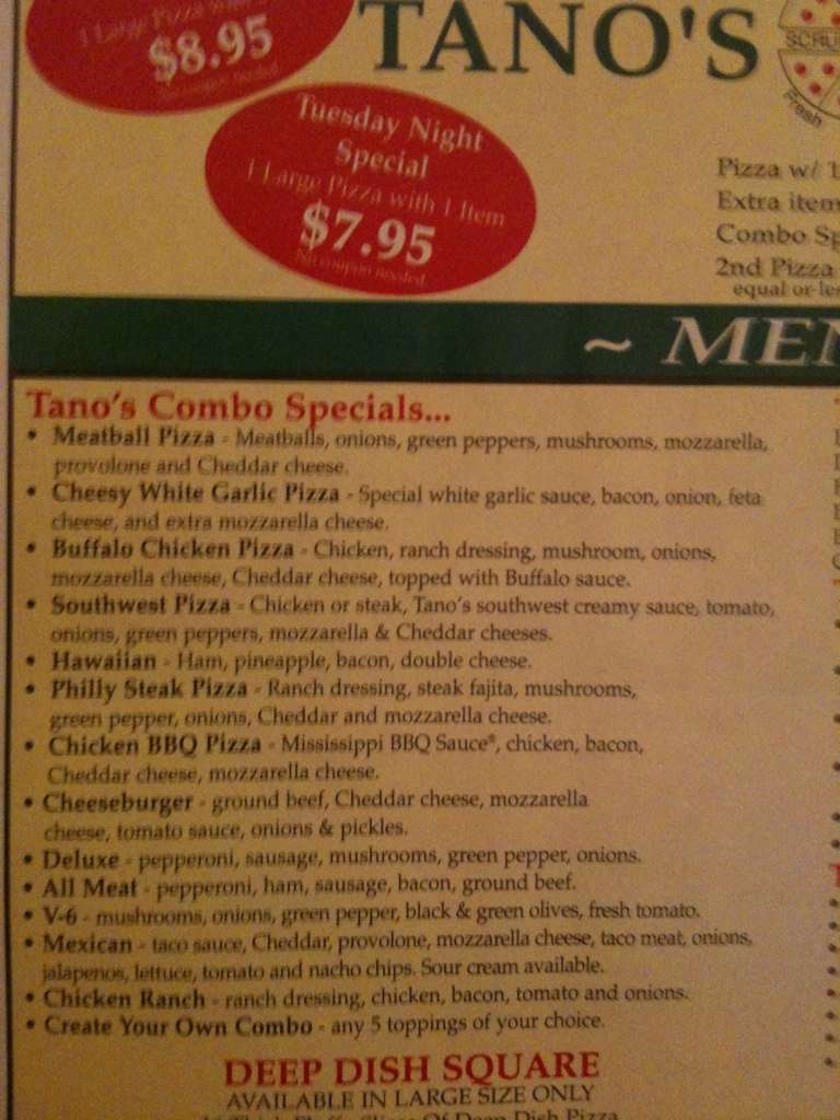 Tano's Pizza Menu, Menu for Tano's Pizza, Montpelier, Montpelier