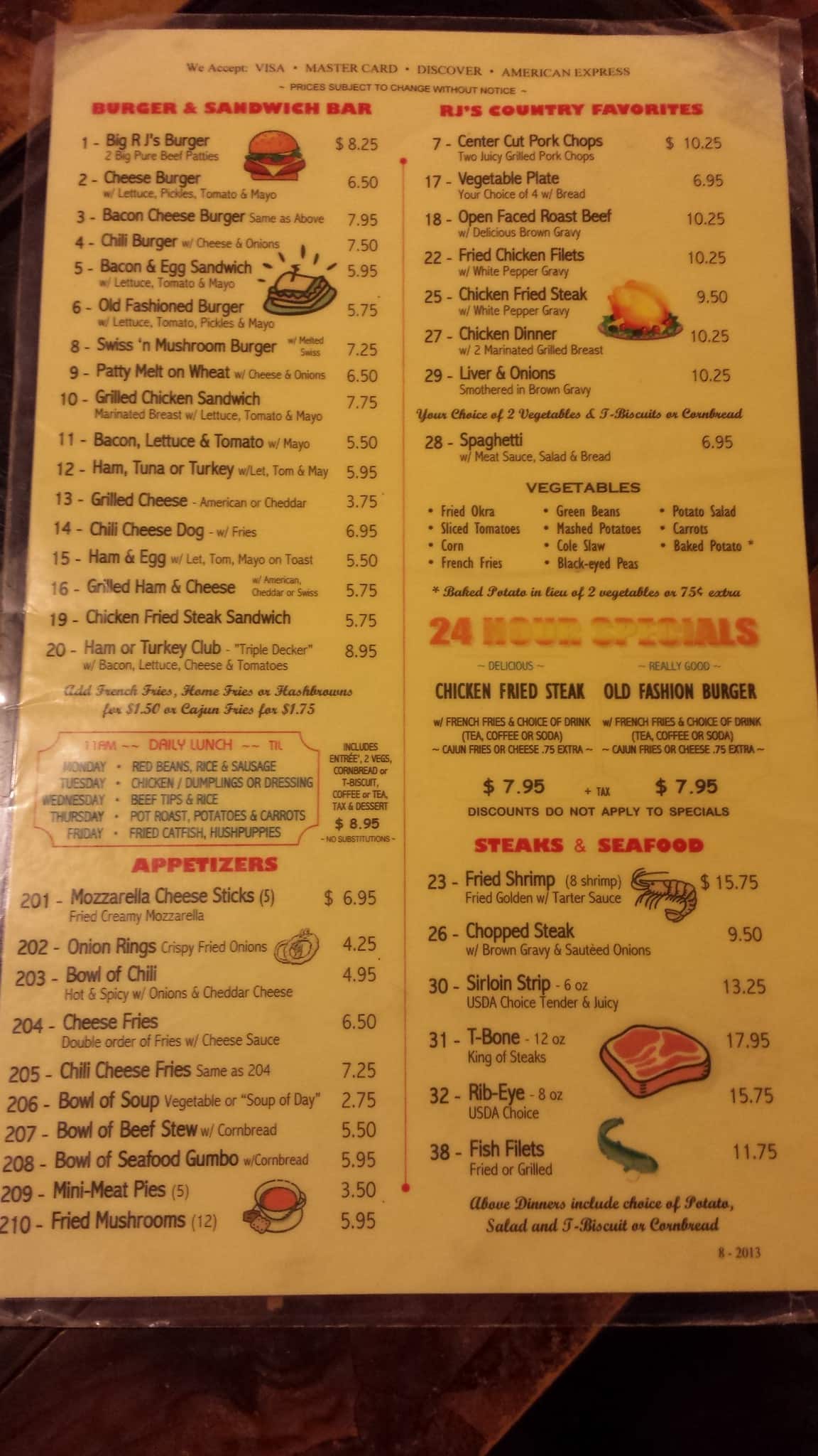 Menu at RJ's restaurant, Shreveport