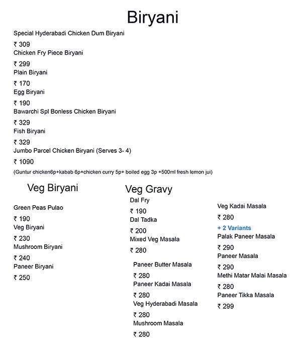 Menu of Hyderabadi Bawarchi Biryani House, Hebbal, Bangalore