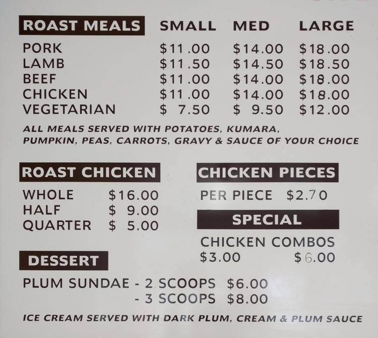 Traditional Roast Menu, Menu for Traditional Roast, Torbay, Auckland